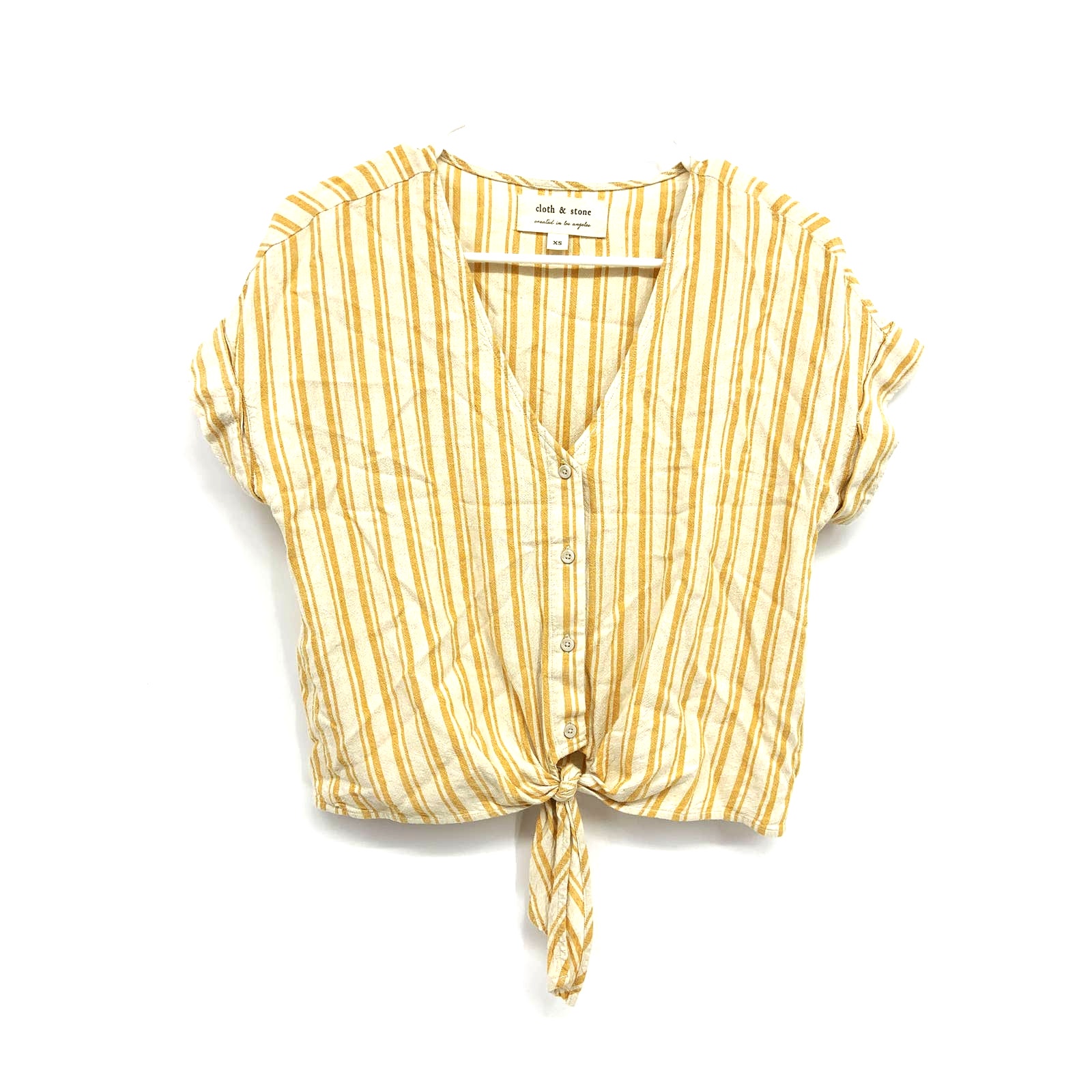 Cloth & Stone Yellow Tie Front Blouse Stripe Button Up Linen Blend Size Xs